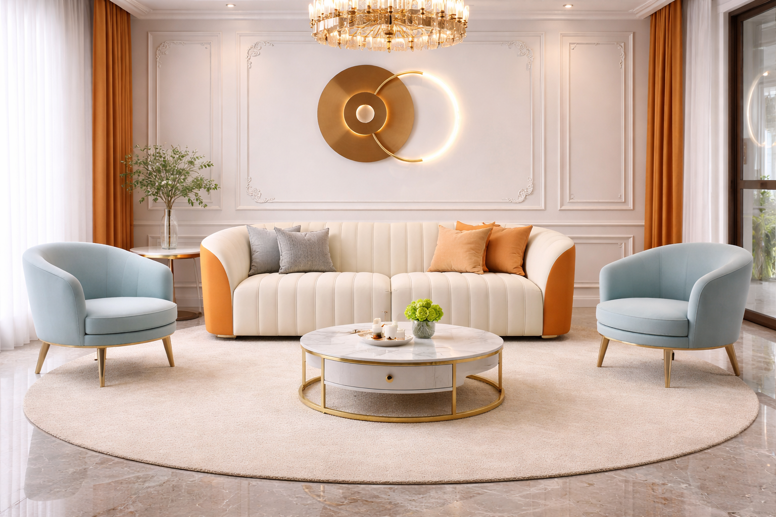 Ivory Orange Sofa Set